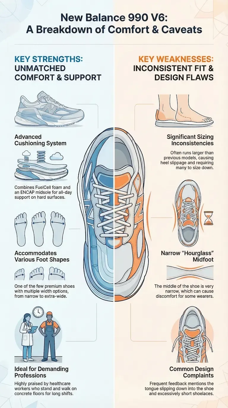 Infographic review of the New Balance 990 V6 showing top-tier comfort, multiple width options, sizing inconsistencies, narrow midfoot, and design complaints.