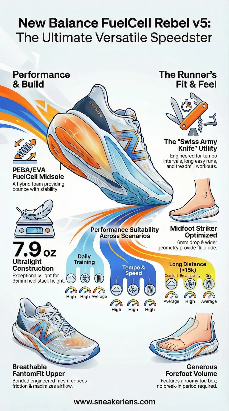New Balance FuelCell Rebel v5 running shoe with lightweight design and versatile performance. Features PEBA/EVA midsole for bounce and stability, ideal for tempo runs and long distances.