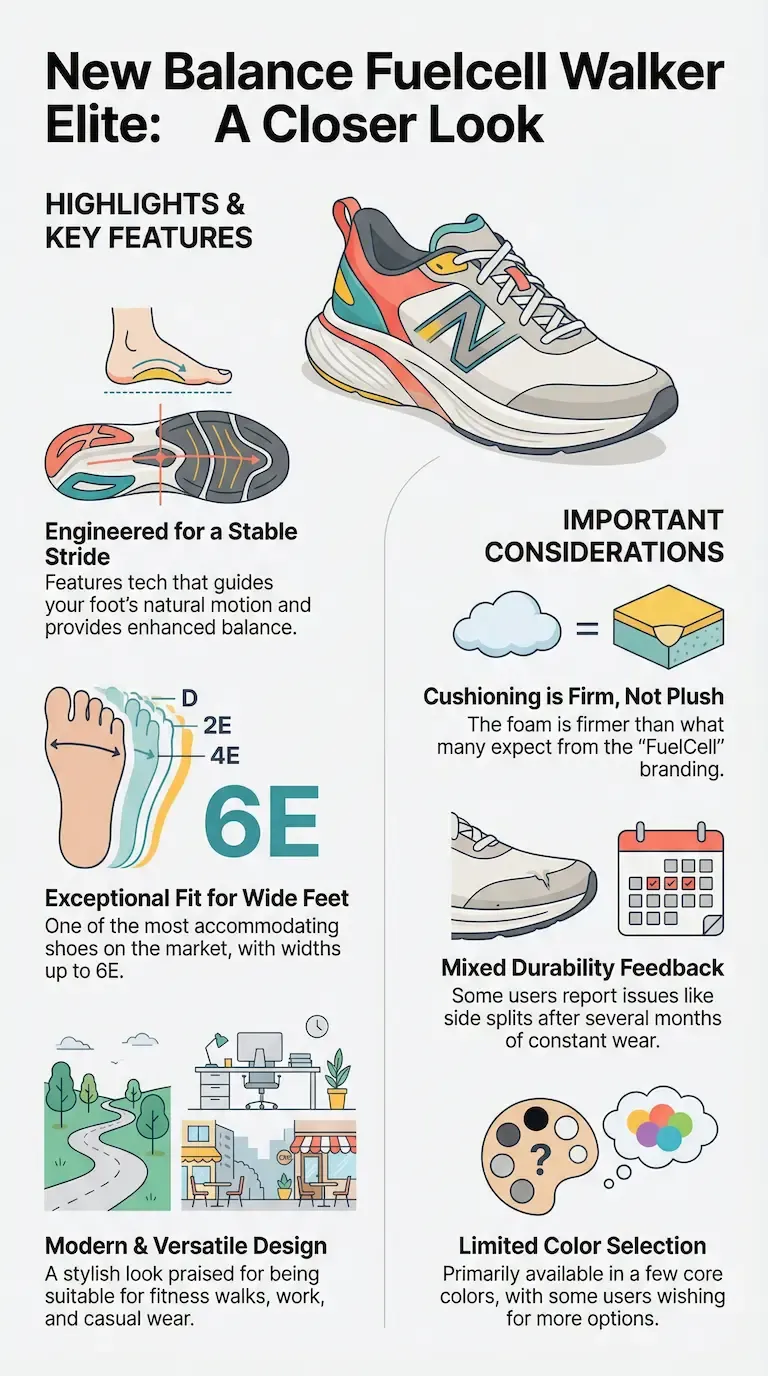 Infographic breakdown of the New Balance FuelCell Walker Elite, highlighting its stable-stride engineering, exceptional wide-foot fit up to 6E, and versatile everyday design, along with key considerations such as firm cushioning and limited color options.