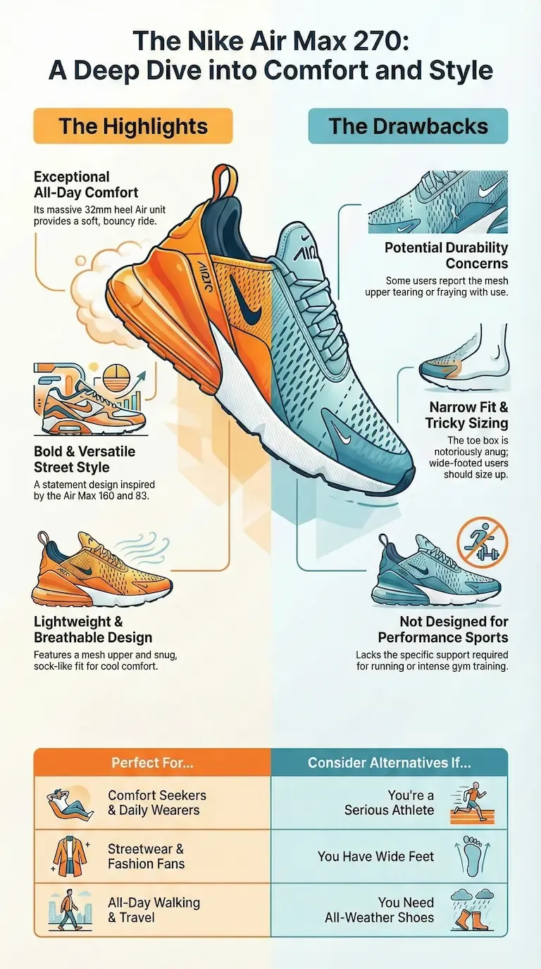 Infographic titled 'The Nike Air Max 270: A Deep Dive into Comfort and Style'. The graphic highlights features like the 32mm heel air unit and breathable design, while noting drawbacks such as narrow fit and potential mesh durability issues.