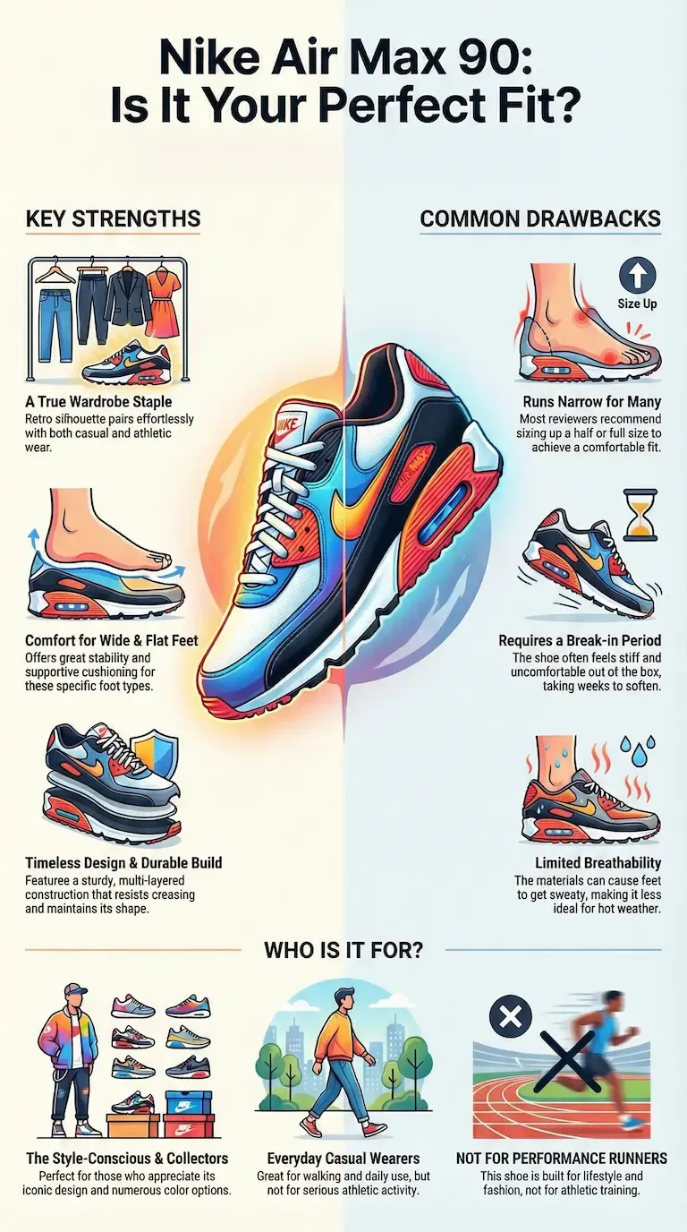 Infographic review of the Nike Air Max 90 outlining its comfort for wide and flat feet, and durable design, alongside drawbacks like narrow fit, required break-in period, limited breathability, and unsuitability for performance running.