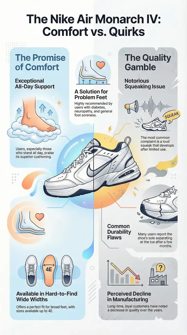 Infographic overview of the Nike Air Monarch IV showing its strong all-day comfort, support for problem feet, and wide-width availability, contrasted with durability concerns, squeaking issues, and perceived declines in quality.