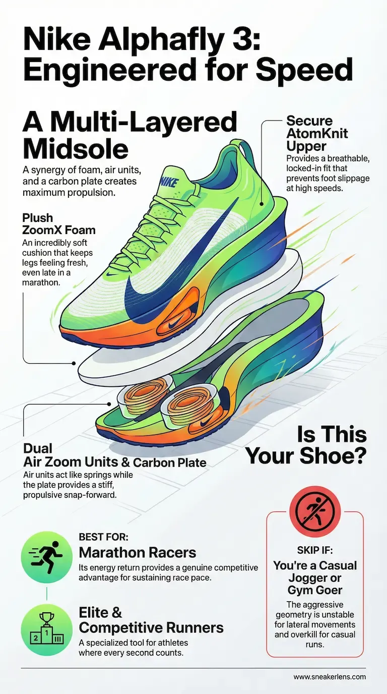 This infographic details the Nike Alphafly 3's advanced technology for maximum speed. It highlights features like ZoomX foam and carbon plate for elite runners.
