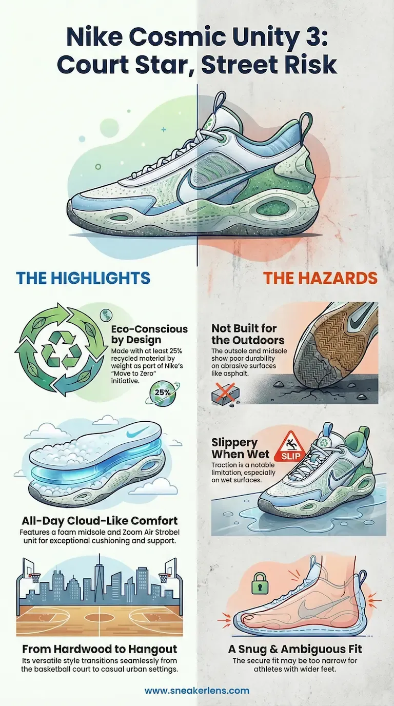 Infographic comparing the pros and cons of the Nike Cosmic Unity 3 sneaker. Highlights eco-friendly design and court-to-street versatility while warning about outdoor limitations and fit issues.