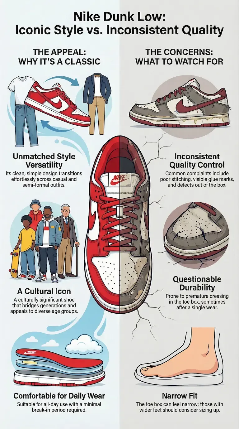 Infographic review of the Nike Dunk Low showing its iconic style versatility, cultural appeal, and daily-wear comfort alongside drawbacks like inconsistent quality control, questionable durability, and a narrow toe box.