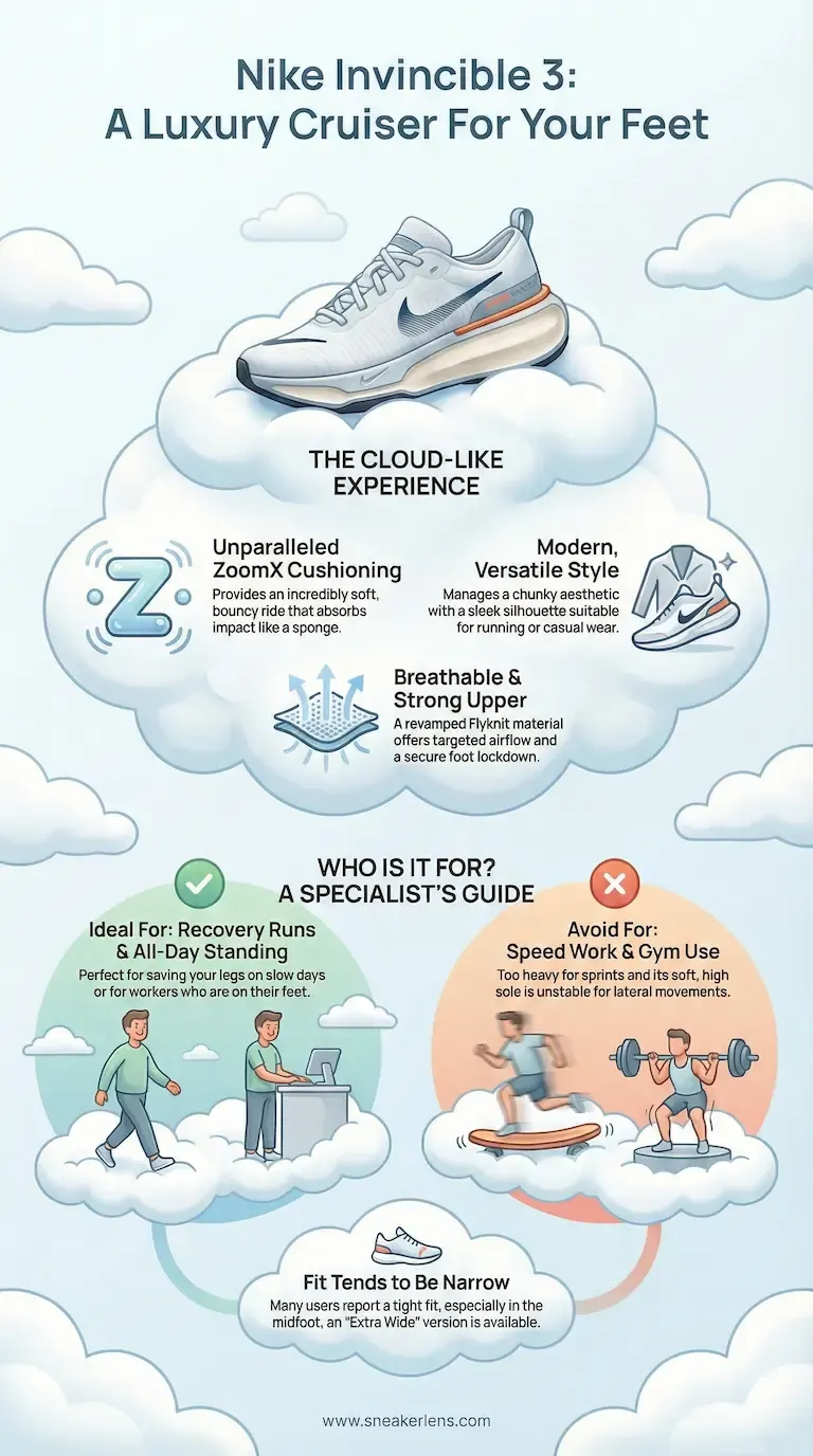 Infographic showcasing the Nike Invincible 3 running shoe with its cloud-like cushioning and modern design. Highlights ideal uses for recovery runs and all-day wear, plus fit recommendations.