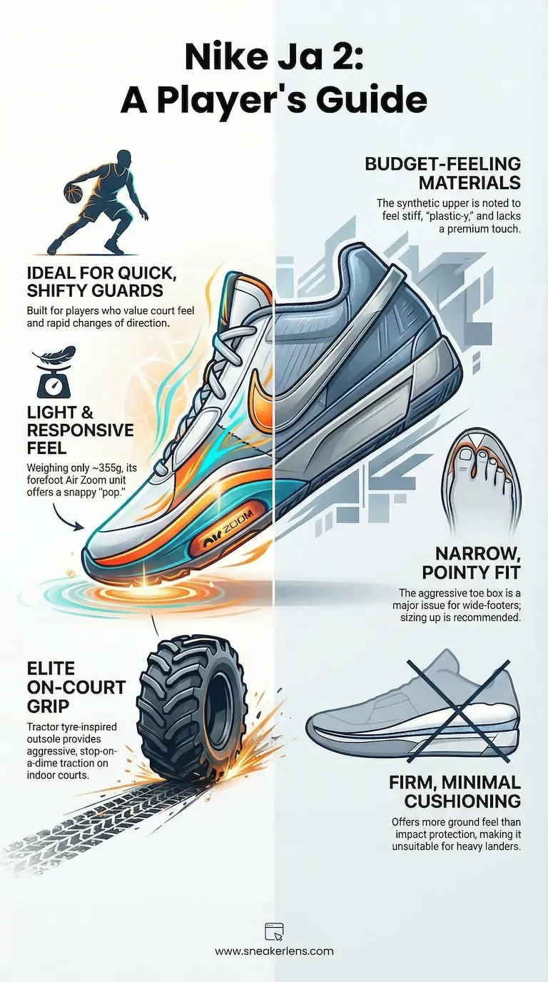 This infographic provides a player's guide to the Nike Ja 2 basketball shoe, highlighting its key features.
