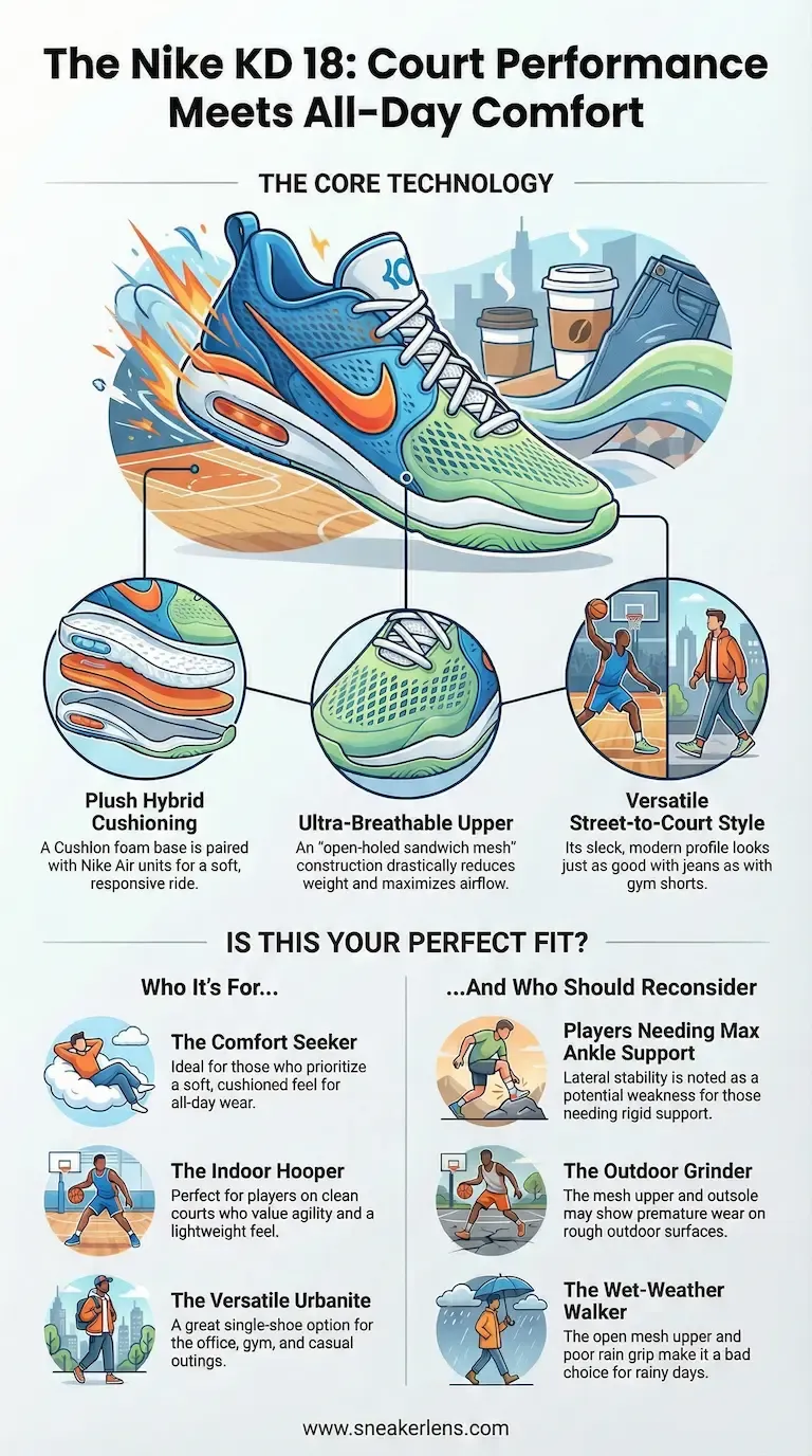 The Nike KD 18 basketball shoe combines court performance with all-day comfort. Features plush cushioning, breathable upper, and versatile street-to-court style