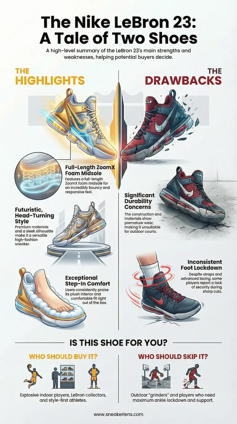 Nike LeBron 23 review showing key features and drawbacks. Highlights include ZoomX foam midsole and stylish design while drawbacks mention durability issues and inconsistent foot lockdown.