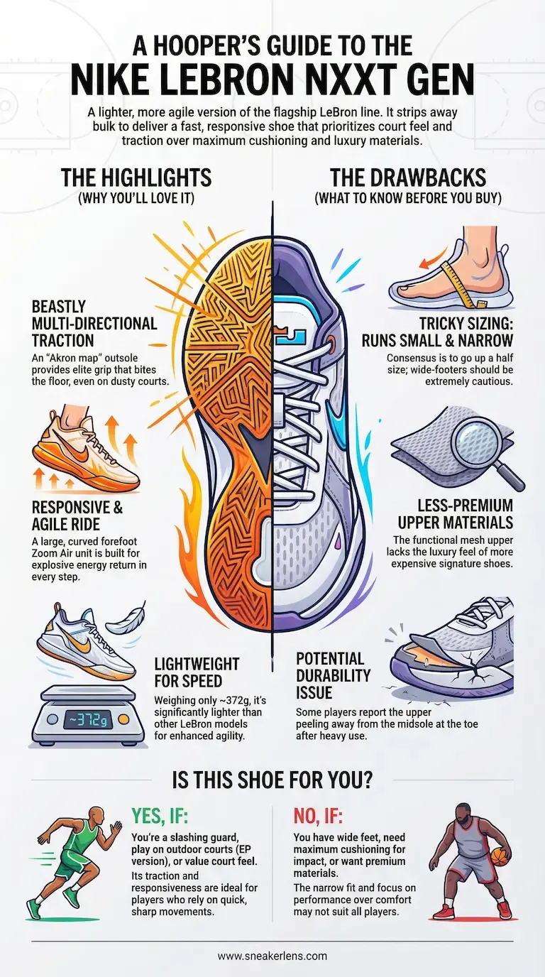 This infographic reviews the Nike LeBron NXXT Gen basketball shoe. It highlights its agility and speed while noting sizing and durability concerns.