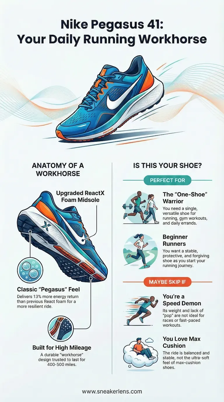 The Nike Pegasus 41 is your daily running workhorse, featuring an upgraded ReactX foam midsole for a resilient ride. Perfect for beginners and versatile one-shoe warriors needing stability for running, gym workouts, and daily errands.