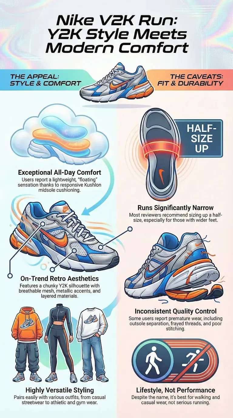 Infographic overview of the Nike V2K Run, highlighting its Y2K retro style and cushioned all-day comfort, alongside drawbacks such as a narrow fit, recommended half-size up and suitability mainly for lifestyle use rather than performance running.