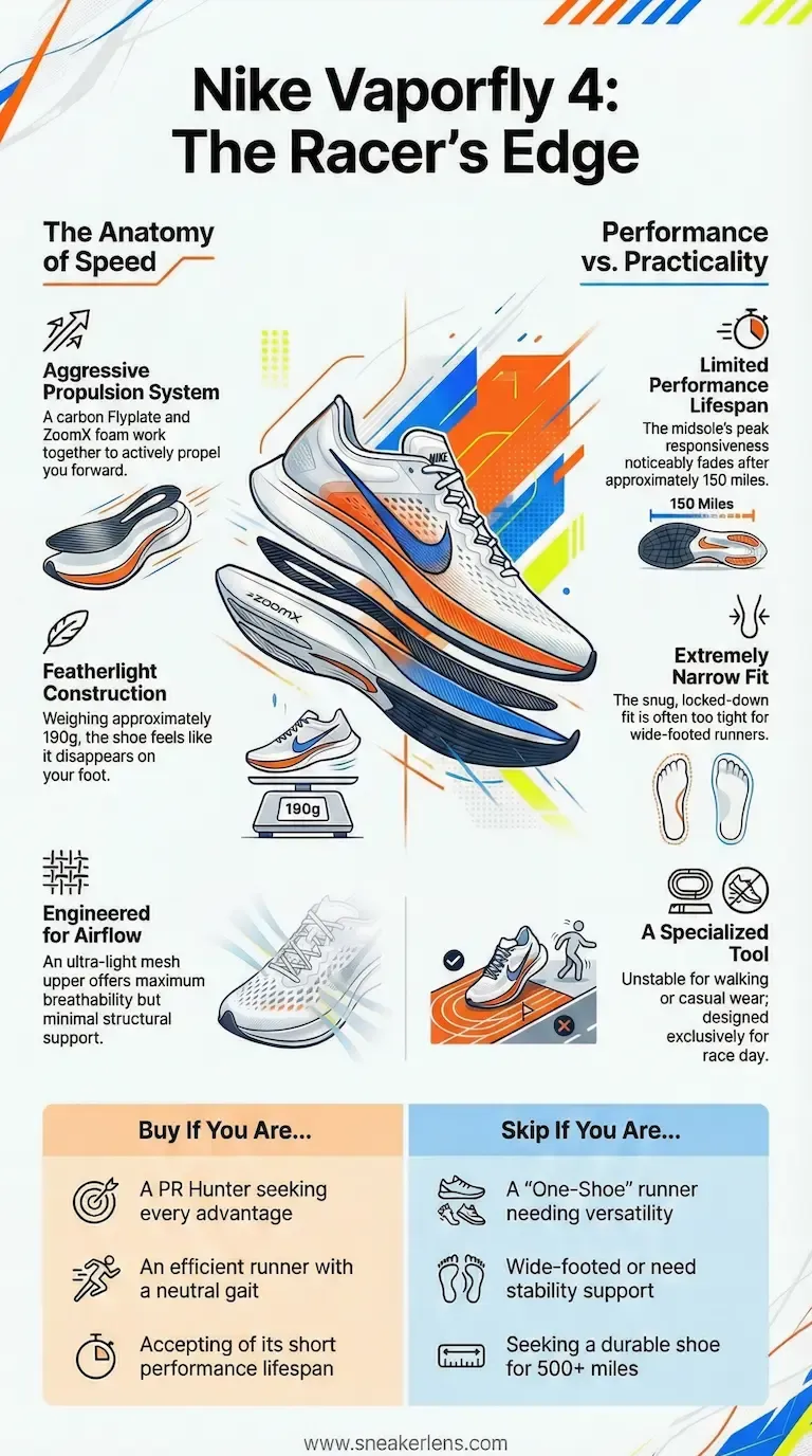 This infographic details the Nike Vaporfly 4, a high-performance racing shoe designed for speed. It highlights features like ZoomX foam and a carbon plate, while noting its limited lifespan and narrow fit for competitive runners.
