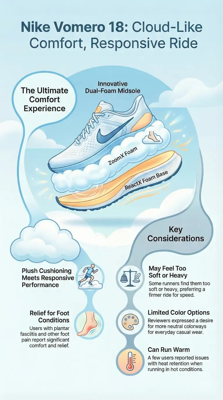 Infographic overview of the Nike Vomero 18 featuring its dual-foam midsole with ZoomX and ReactX cushioning, cloud-like comfort, pain relief benefits, and considerations such as softness, limited colors, and warmth during runs.