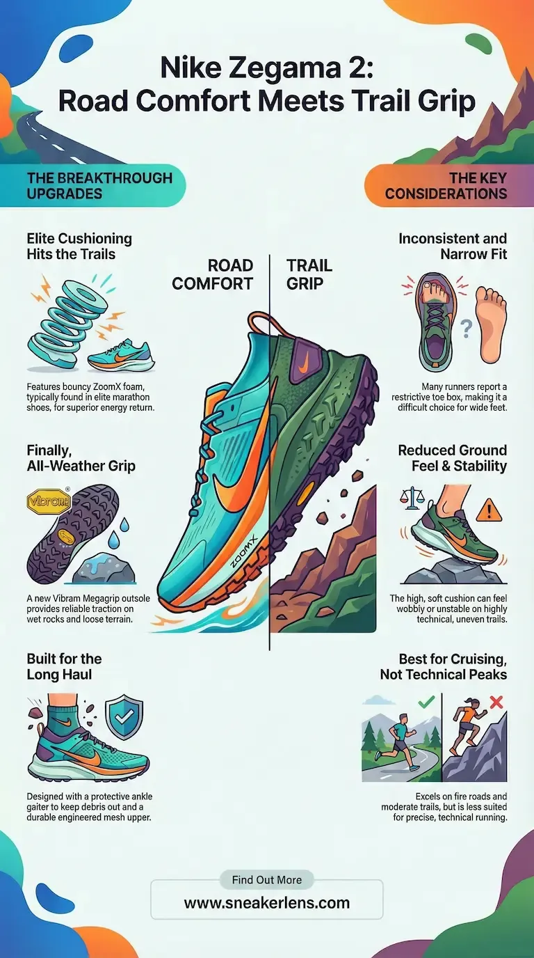 Nike Zegama 2 combines road comfort with trail grip features. This infographic compares its pros and cons for runners seeking versatility.