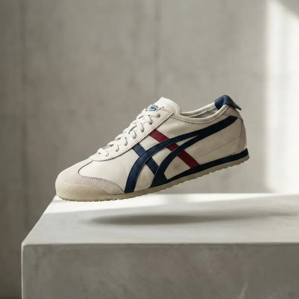 Square image of a slim retro Onitsuka Tiger–style sneaker in cream, navy, and red, floating above a minimalist concrete surface.