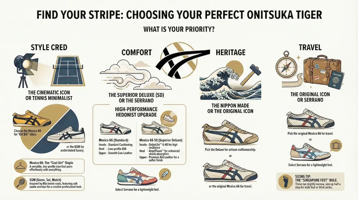Onitsuka Tiger shoe selection guide infographic - Choose your perfect model based on style, comfort, heritage, or travel needs featuring Mexico 66, GSM, and Serrano sneakers