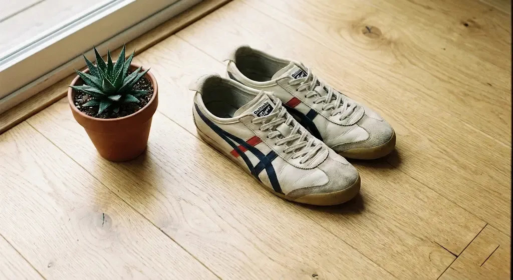 A high-angle, lifestyle shot of a pair of classic cream-colored Mexico 66 sneakers with navy and red stripes, resting on a clean, minimalist wooden floor next to a small succulent.
