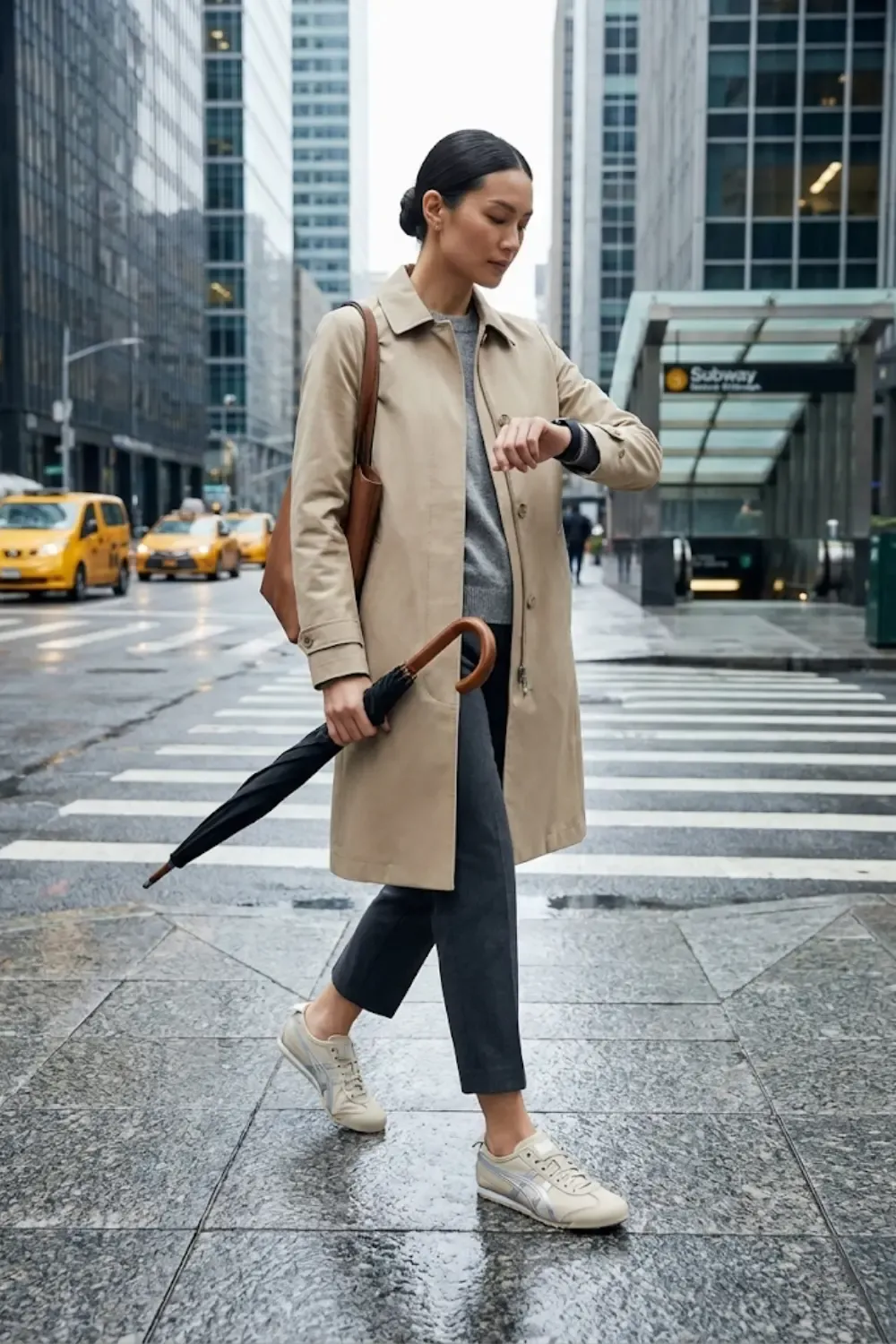 A woman embodying the 'Pragmatic Hedonist' archetype, characterized by a refusal to suffer for fashion while maintaining a 'Cool Girl' aesthetic.