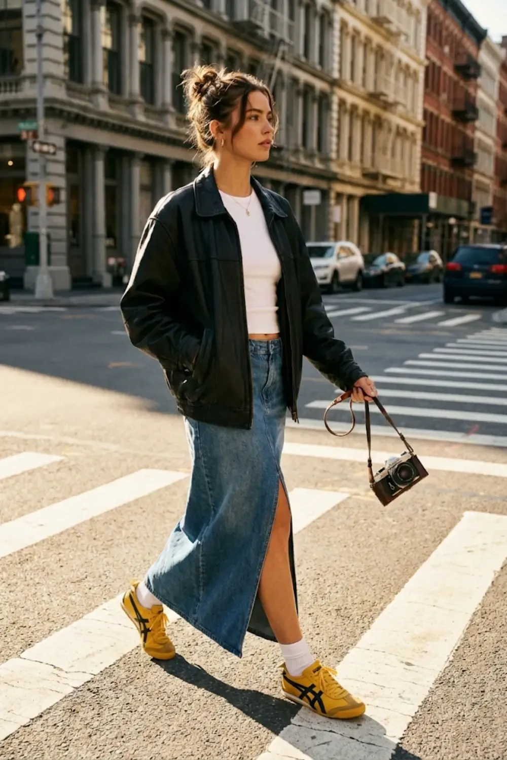 A fashion-conscious woman embodying the 'Cool Girl' archetype with a rebellious, cinematic edge.