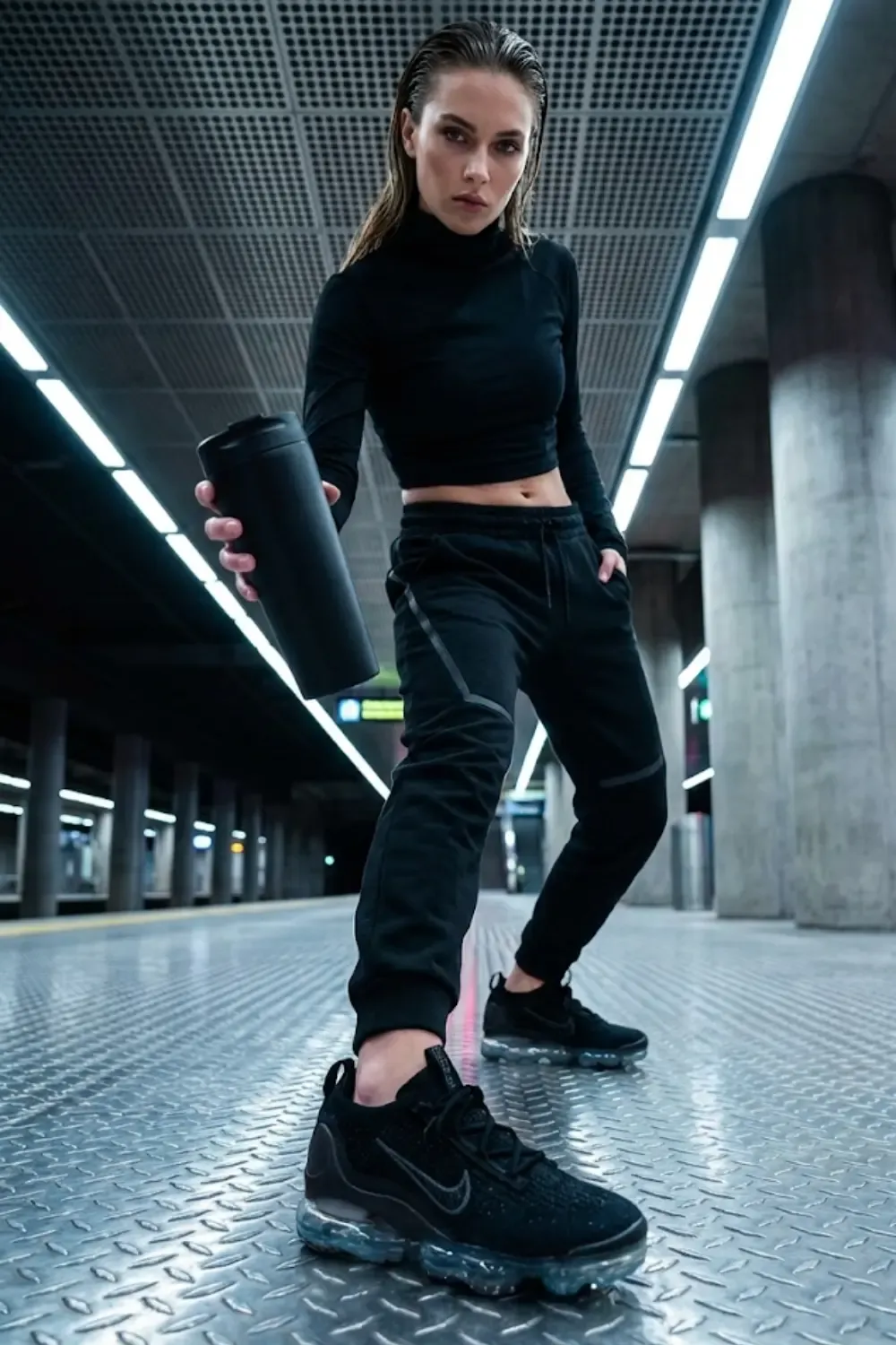 A woman with a 'Cyberpunk' or 'Dystopian Sci-Fi' street style with Nike Air Max Scorpion