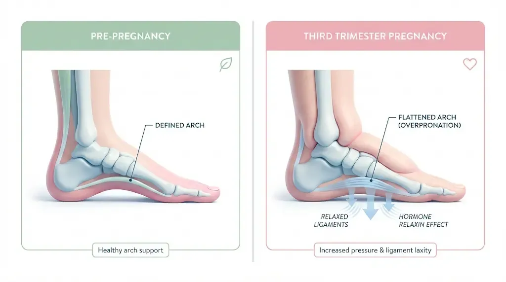 Before and after illustration of foot changes during pregnancy, highlighting the effects of the hormone relaxin and edema.
