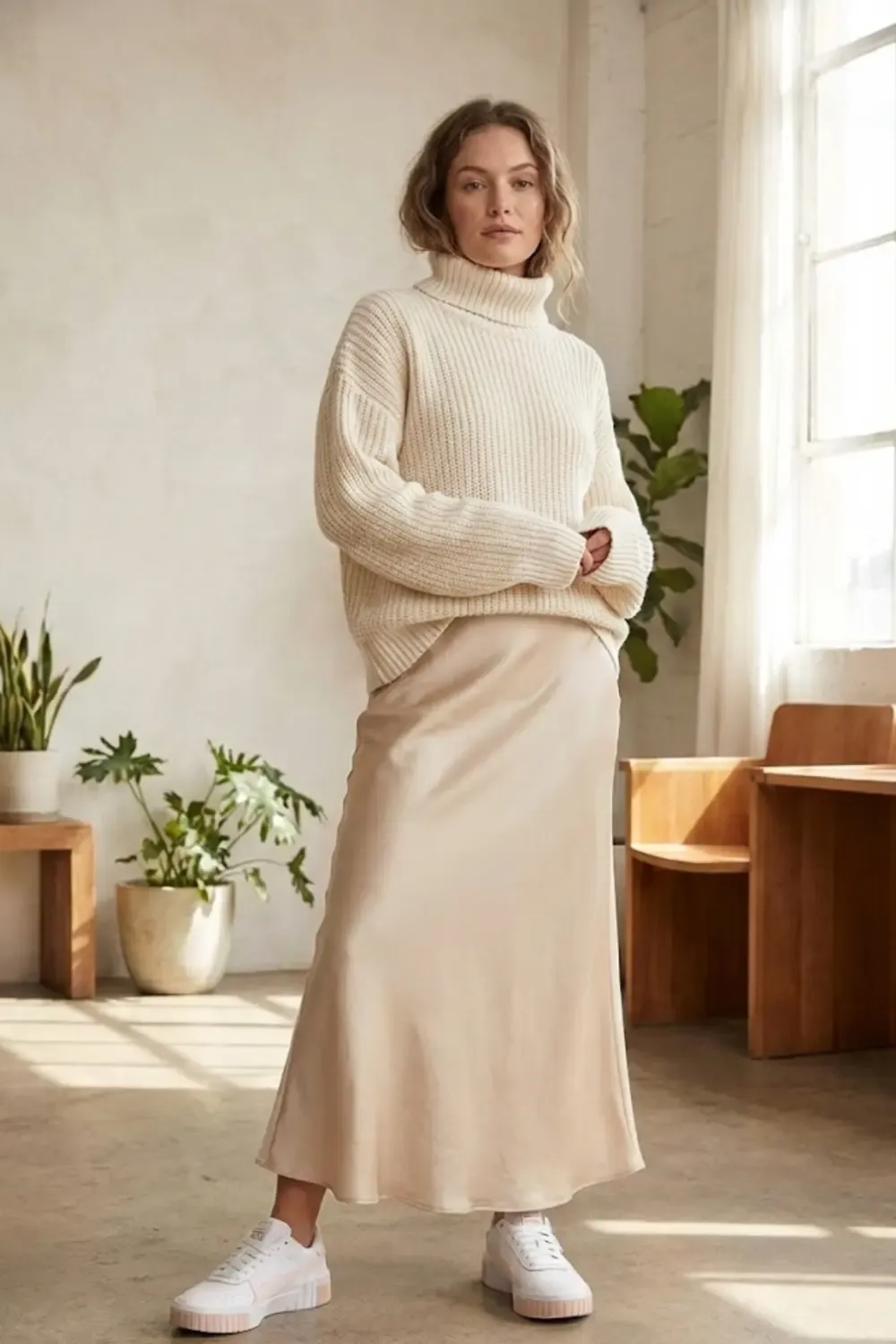 Bohemian-inspired woman with relaxed elegance + Puma Cali sneakers