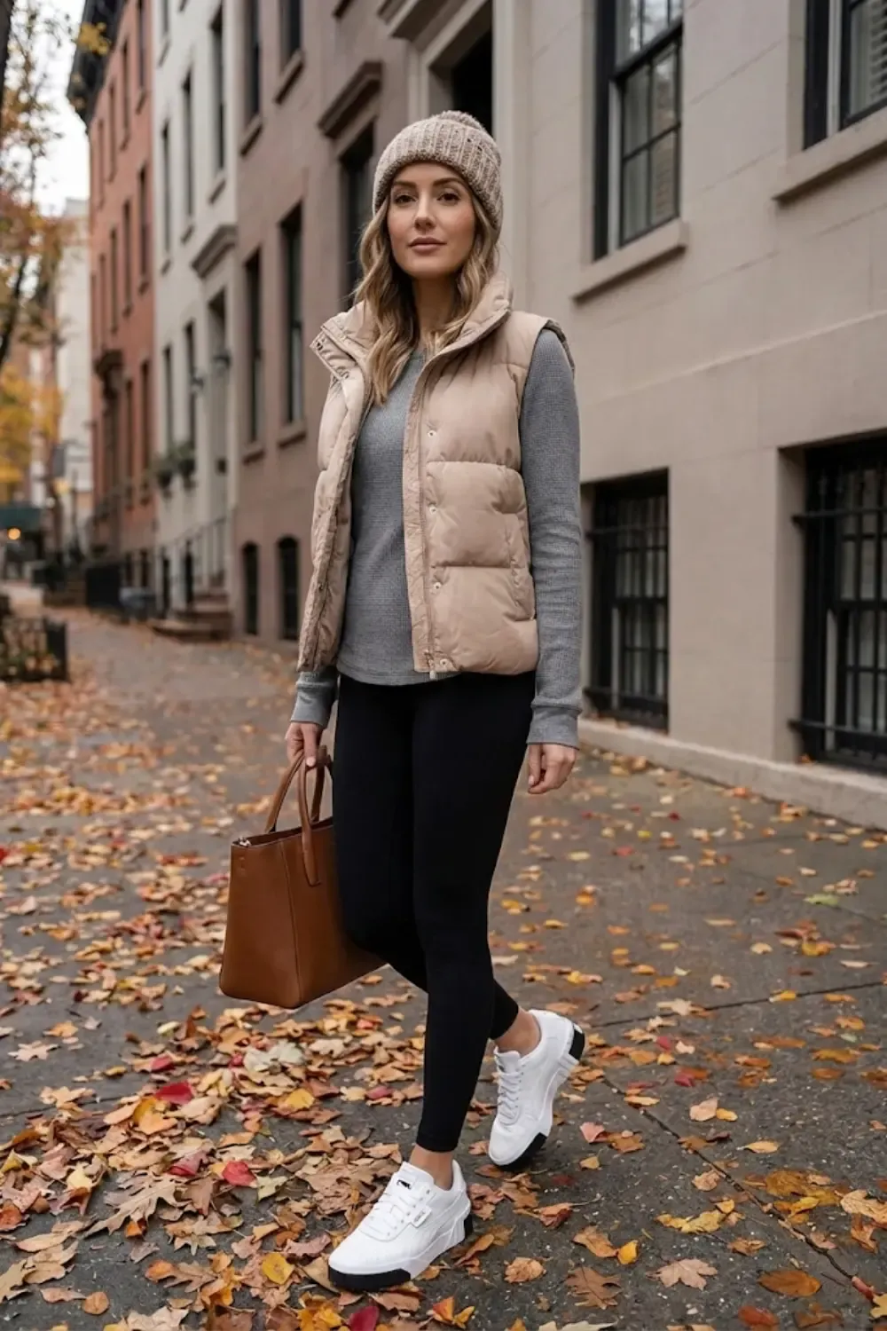 Stylish woman dressed for cooler weather with Puma Cali sneakers