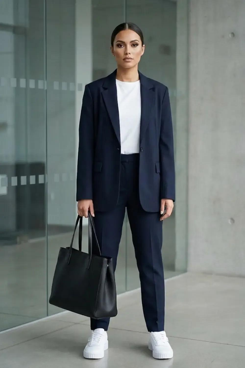 Confident professional woman in modern style with Puma Cali sneakers