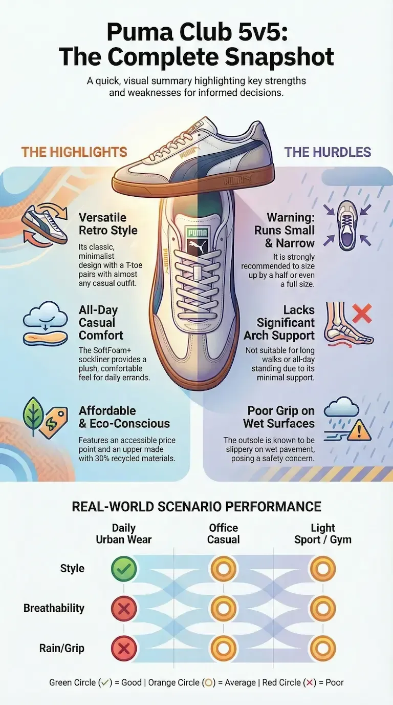 Puma Club 5v5 infographic: Retro style & all-day comfort. Eco-friendly materials. Narrow fit, minimal arch support.
