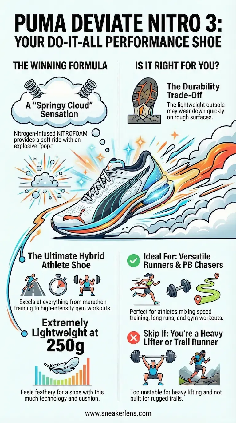 Infographic detailing the Puma Deviate Nitro 3 running shoe's features, including its lightweight design, nitrogen-infused cushioning, ideal user profile for versatile athletes, and durability trade-offs.