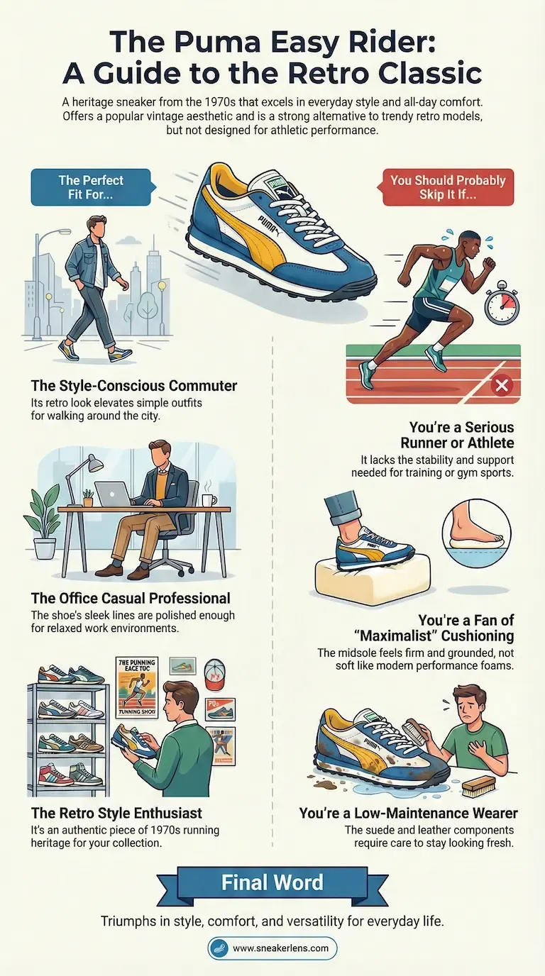 The Puma Easy Rider retro sneaker guide shows who it's perfect for and who should skip it. Ideal for style-conscious commuters and office professionals, not for serious athletes or low-maintenance wearers.