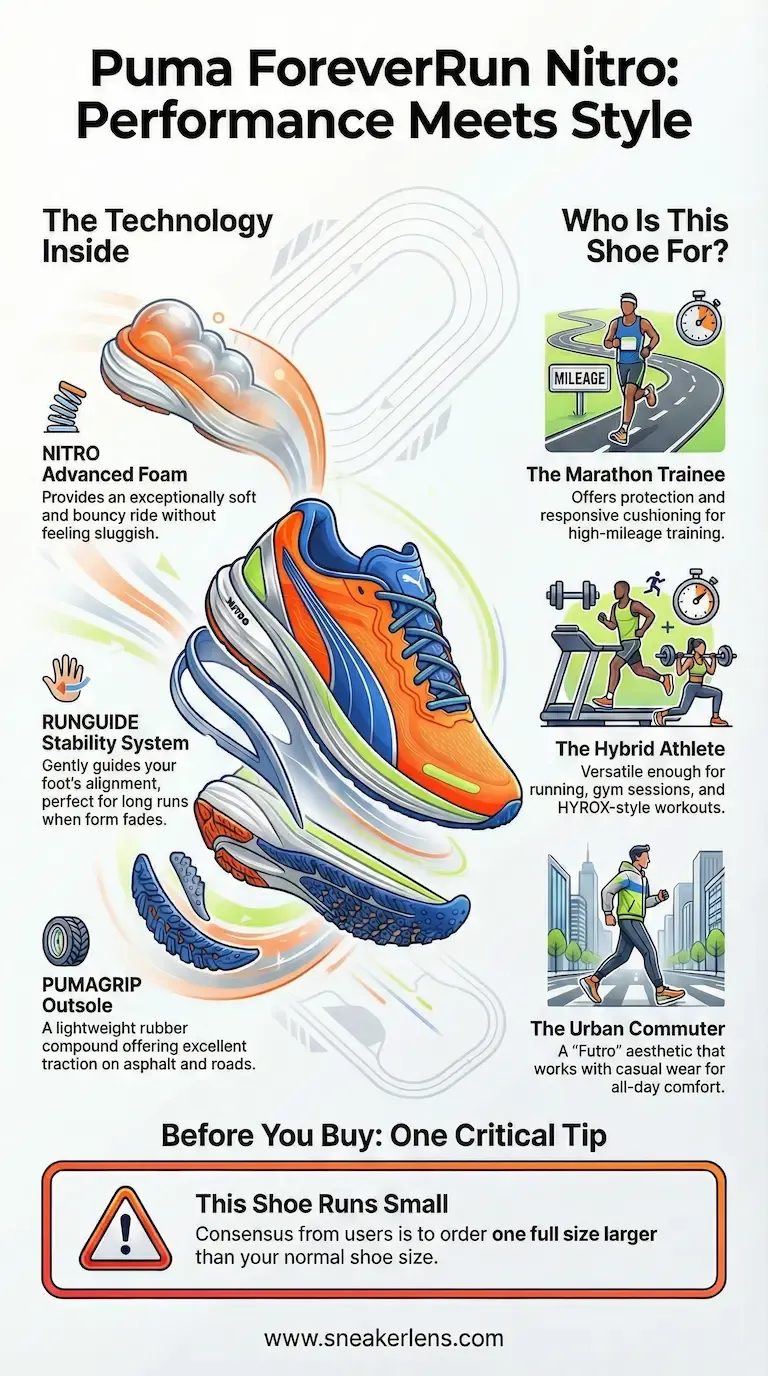 Infographic detailing the Puma ForeverRun Nitro running shoe's technology including NITRO foam, RUNGUIDE stability, and PUMAGRIP outsole, targeting marathon trainees, hybrid athletes, and urban commuters