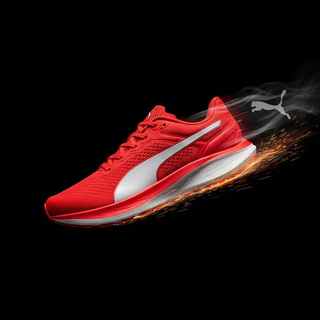 Red PUMA running shoe, possibly a FAST-R or similar performance model, shown in motion with a dynamic effect. The white PUMA Formstrip is prominent.