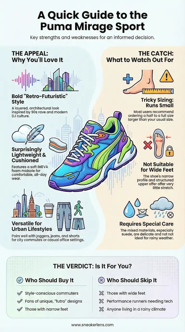 Infographic detailing the pros and cons of the Puma Mirage Sport sneaker, including its retro-futuristic style, lightweight cushioning, versatile urban wear, tricky sizing, unsuitability for wide feet, and special care requirements.