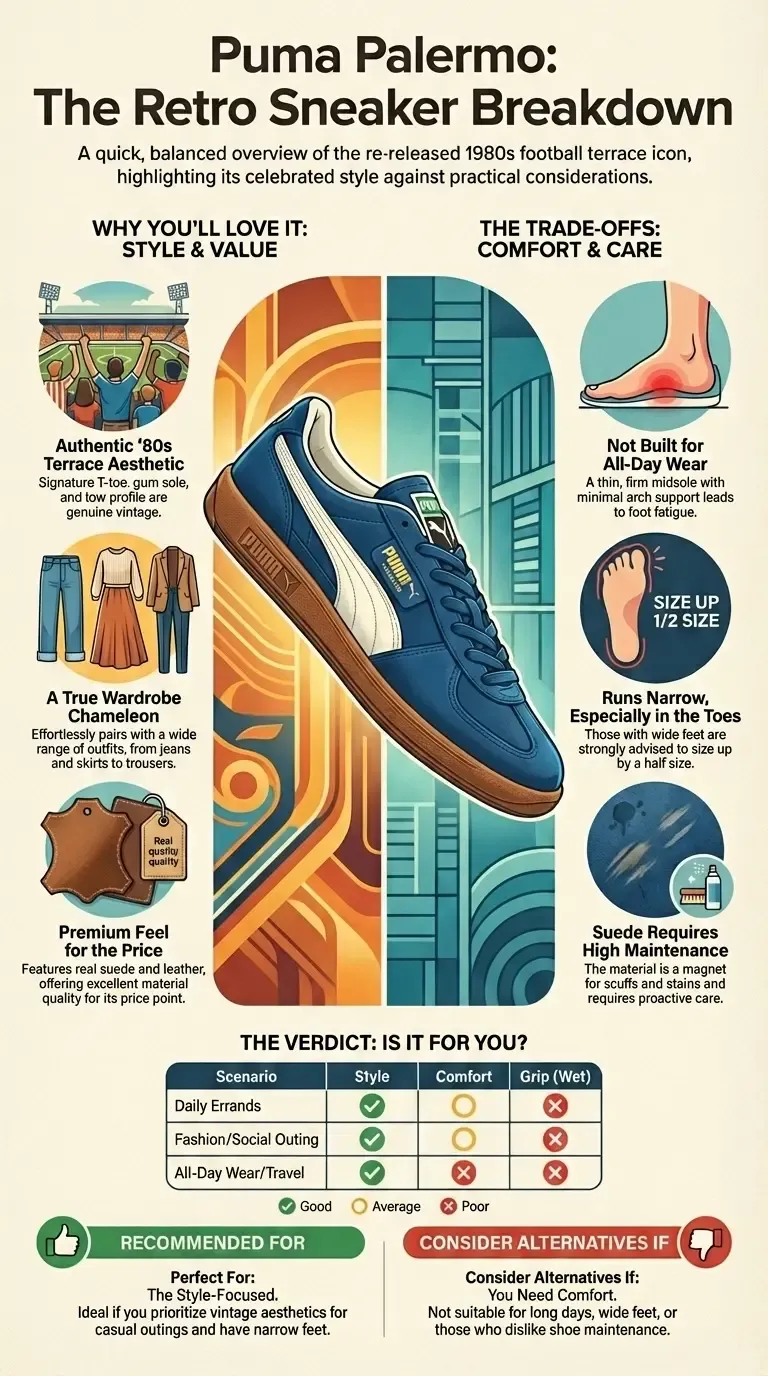 Infographic review of the Puma Palermo sneaker highlighting its retro '80s terrace design, pros, cons, comfort limitations, sizing advice, material quality, maintenance needs, and ideal use cases.