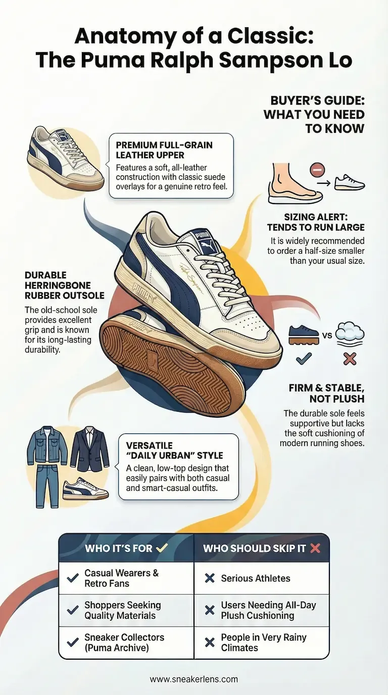 An illustrated anatomy breakdown of the classic Puma Ralph Sampson Lo sneaker, highlighting its premium leather upper, durable herringbone sole, and versatile daily urban style.