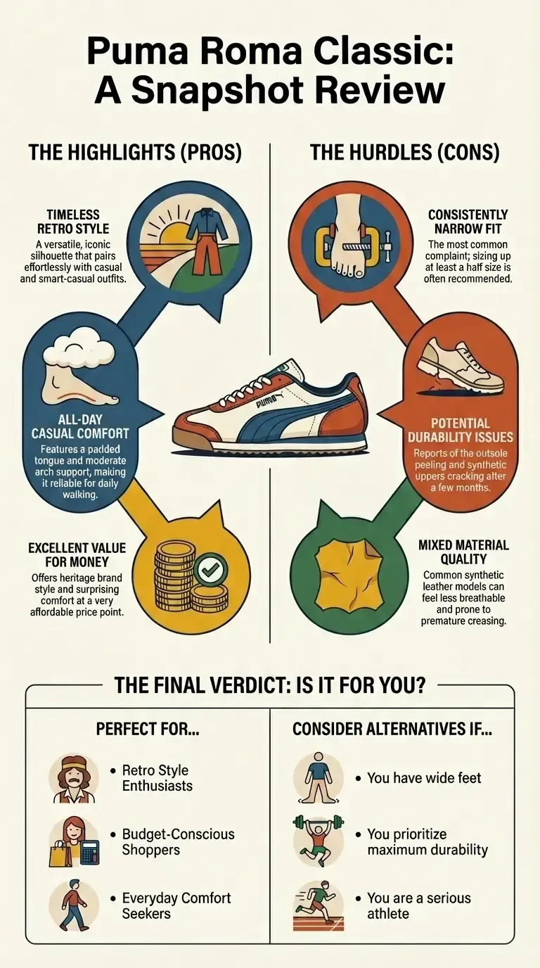 Infographic review of the Puma Roma Classic sneaker showing pros, cons, fit guidance, comfort rating, durability concerns, and ideal user profiles.