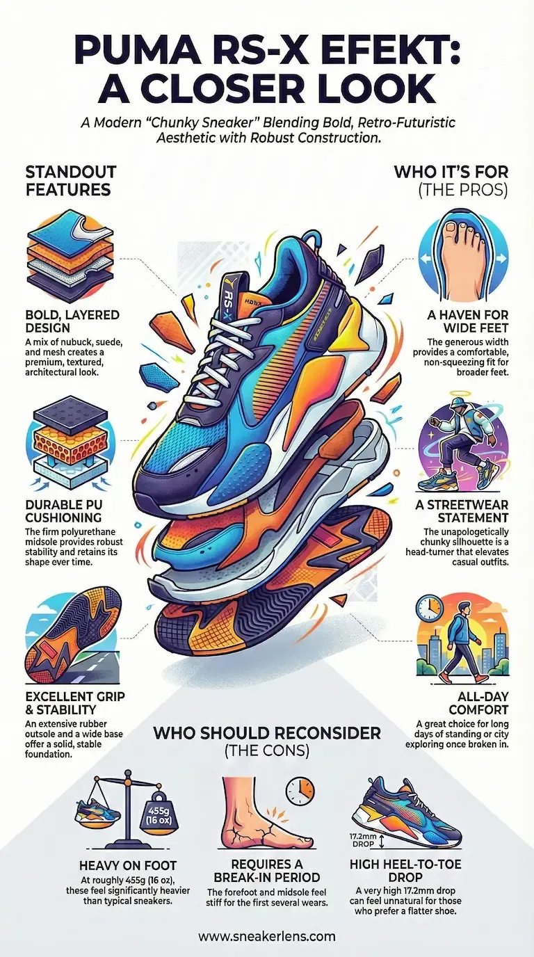 Puma RS-X sneaker infographic showing standout features like bold layered design, durable PU cushioning, and excellent grip & stability.