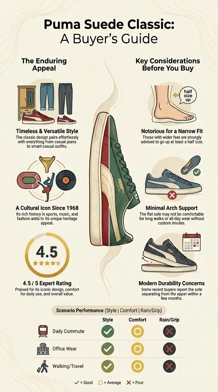 Infographic review of the Puma Suede Classic covering its timeless style, cultural heritage, narrow fit advice, minimal arch support, durability concerns, expert rating, and performance across daily commute, office wear, and travel scenarios.