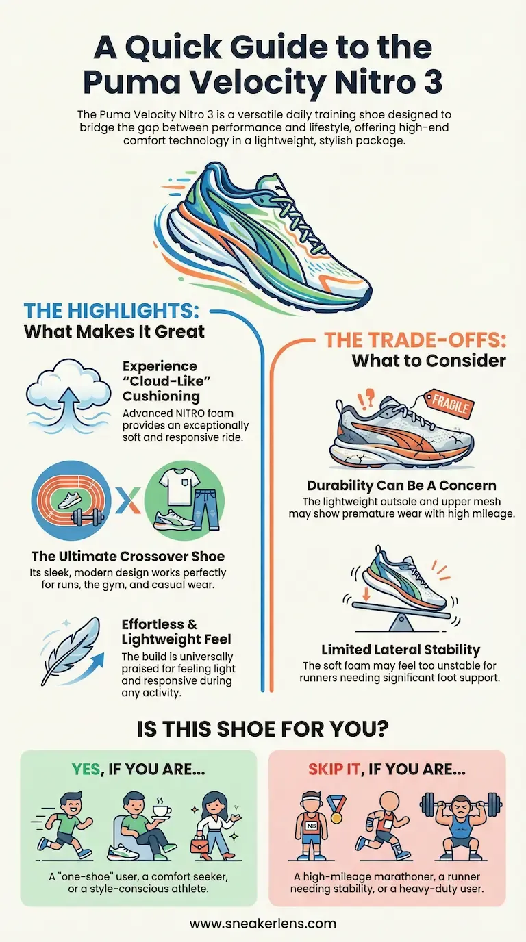 Infographic guide to the Puma Velocity Nitro 3 running shoe, highlighting its cloud-like NITRO foam cushioning, versatility for daily training and casual wear, plus trade-offs like durability concerns and limited lateral stability.