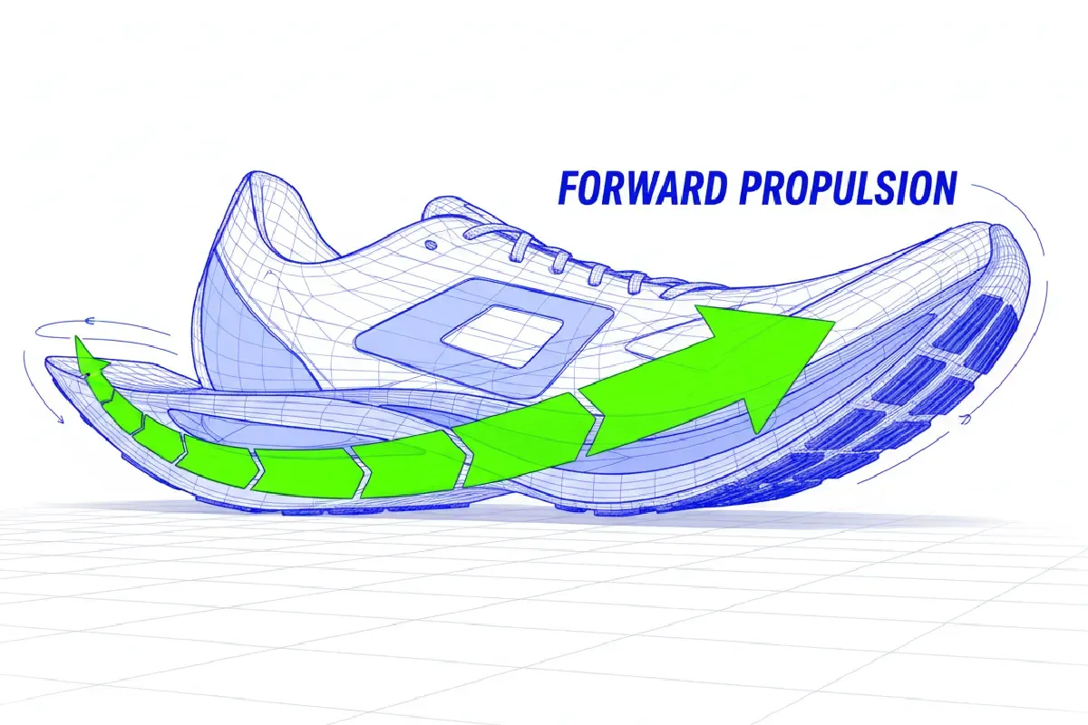 A diagram illustrating the Speedroll technology, showing a curved sole that helps roll the foot forward from heel to toe for efficient momentum