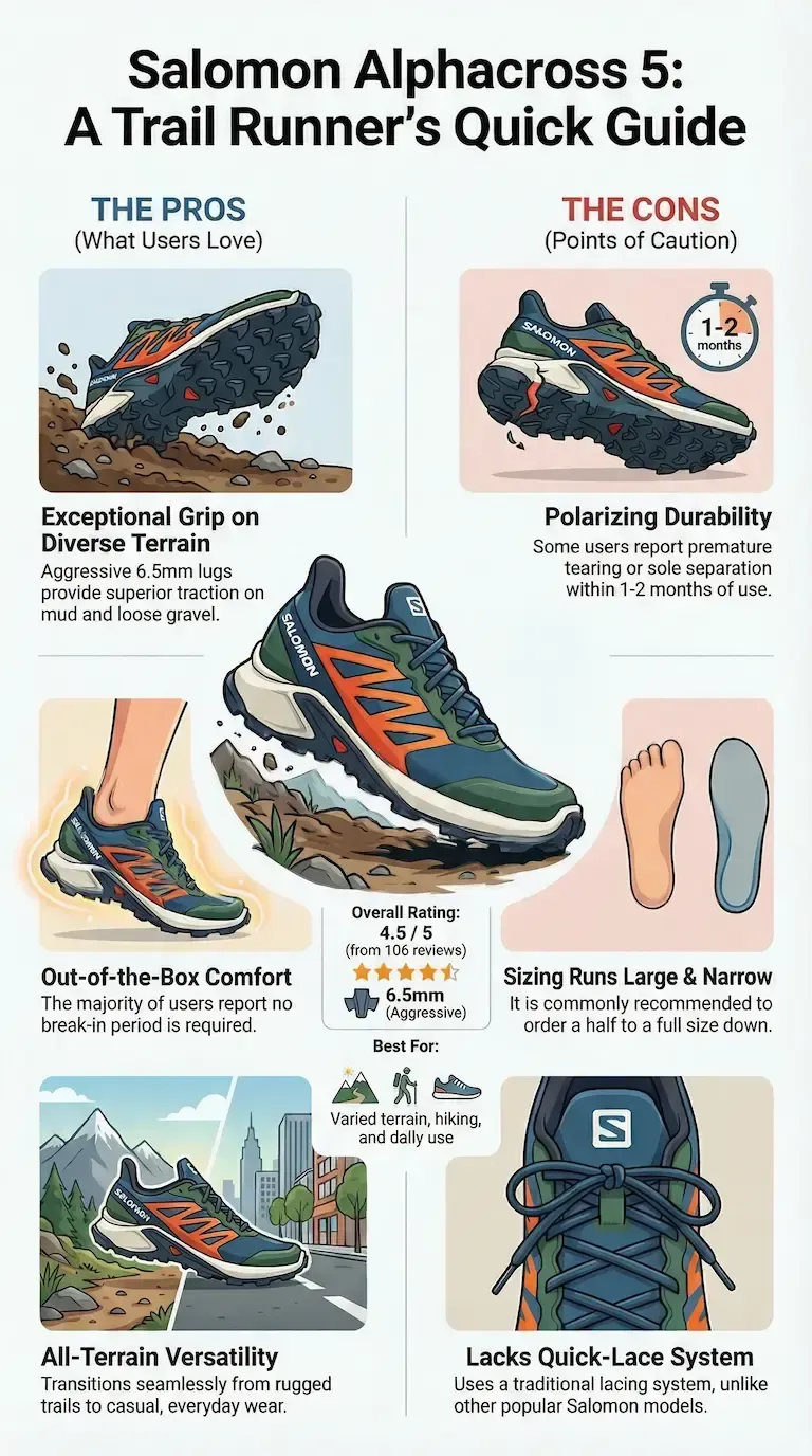Infographic review of the Salomon Alphacross 5 highlighting strong terrain grip, out-of-the-box comfort, durability concerns, large narrow sizing, and lack of quick-lace.