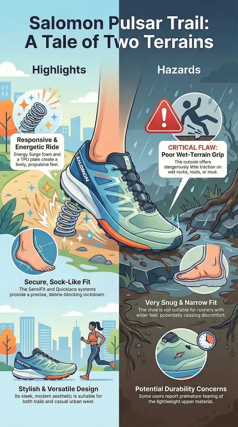 Salomon Pulsar Trail infographic showing energetic ride, sock-like fit, versatile design, wet-terrain grip issues, narrow fit, and durability concerns.