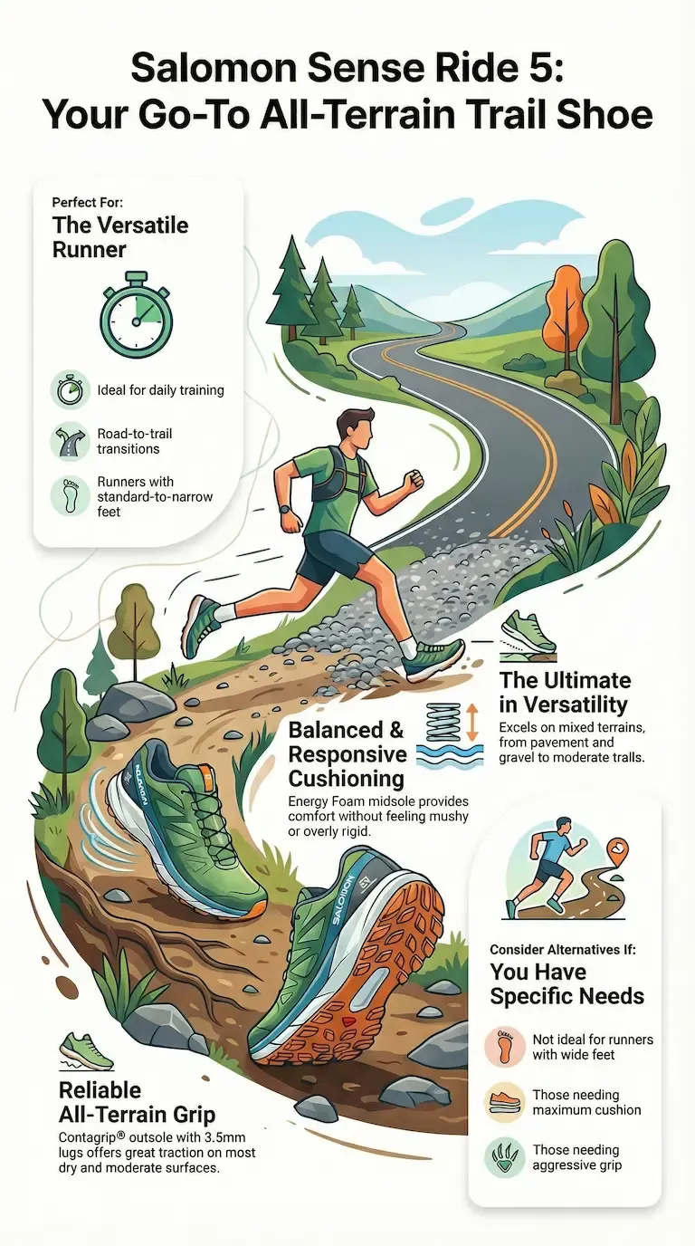 Salomon Sense Ride 5 infographic highlighting balanced cushioning, all-terrain grip, versatility for mixed surfaces, and limitations for wide feet or max-cushion needs.