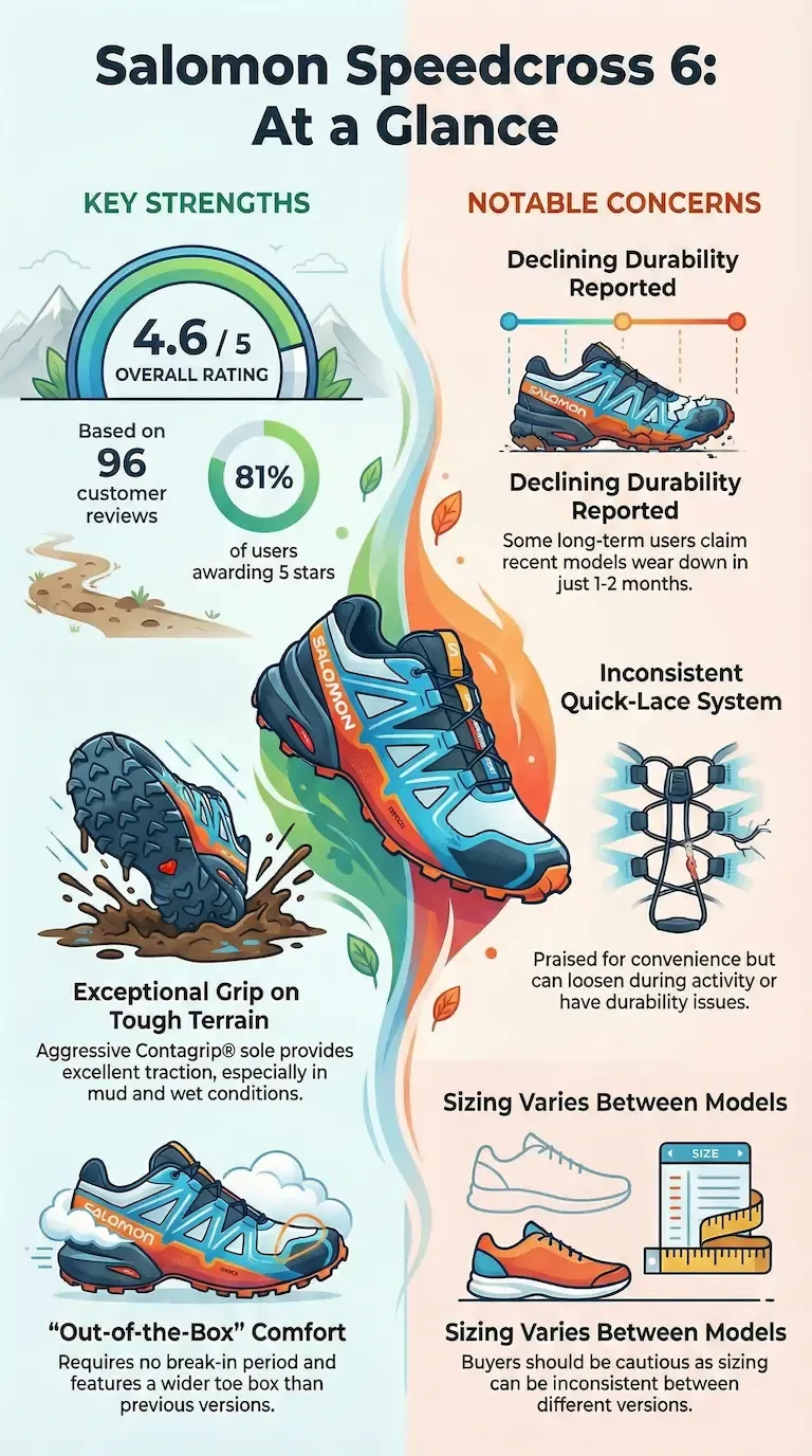 Infographic review of the Salomon Speedcross 6 showing its strong grip, comfort, durability concerns, quick-lace issues, and inconsistent sizing.