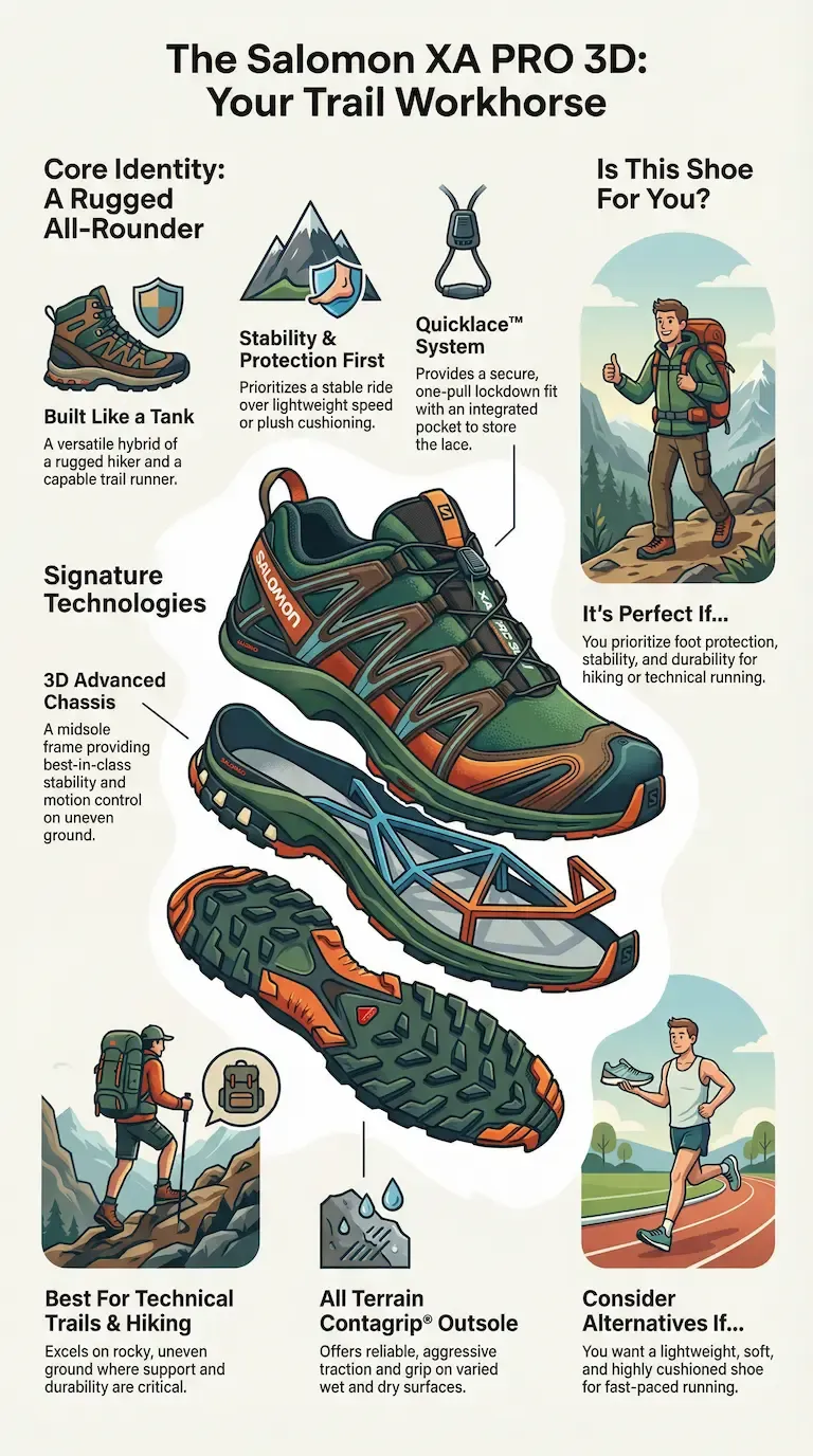 Detailed infographic of the Salomon XA PRO 3D trail running shoe, displaying an exploded view of its components including the 3D Advanced Chassis, Quicklace system, and Contagrip outsole, alongside stability and durability benefits.