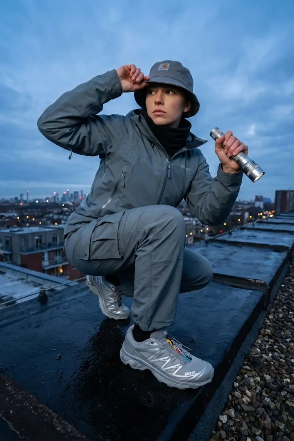 A tech-focused woman showcasing a monochrome 'Urban Wilderness' look.