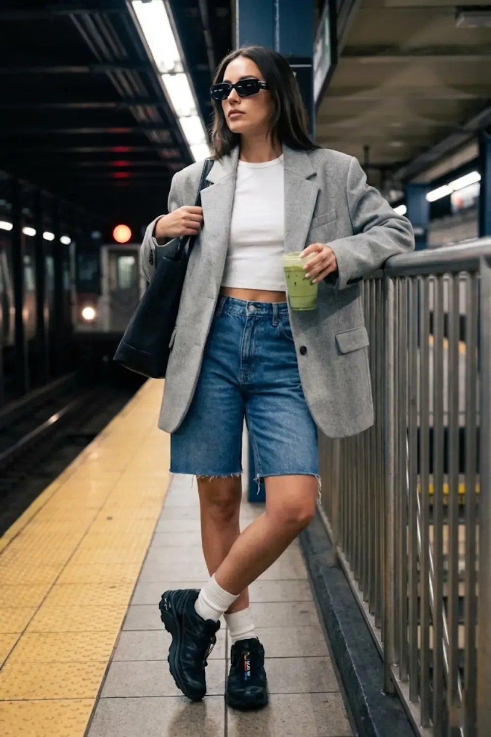 A city commuter navigating the summer heat with a 'Corporate Gorp' aesthetic.