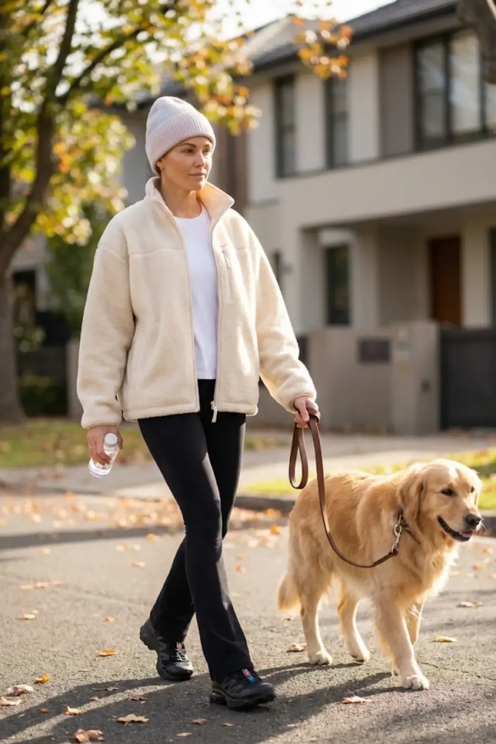 A woman embodying the 'off-duty model' approach to Gorpcore, blending high-performance footwear with sleek athletic staples.